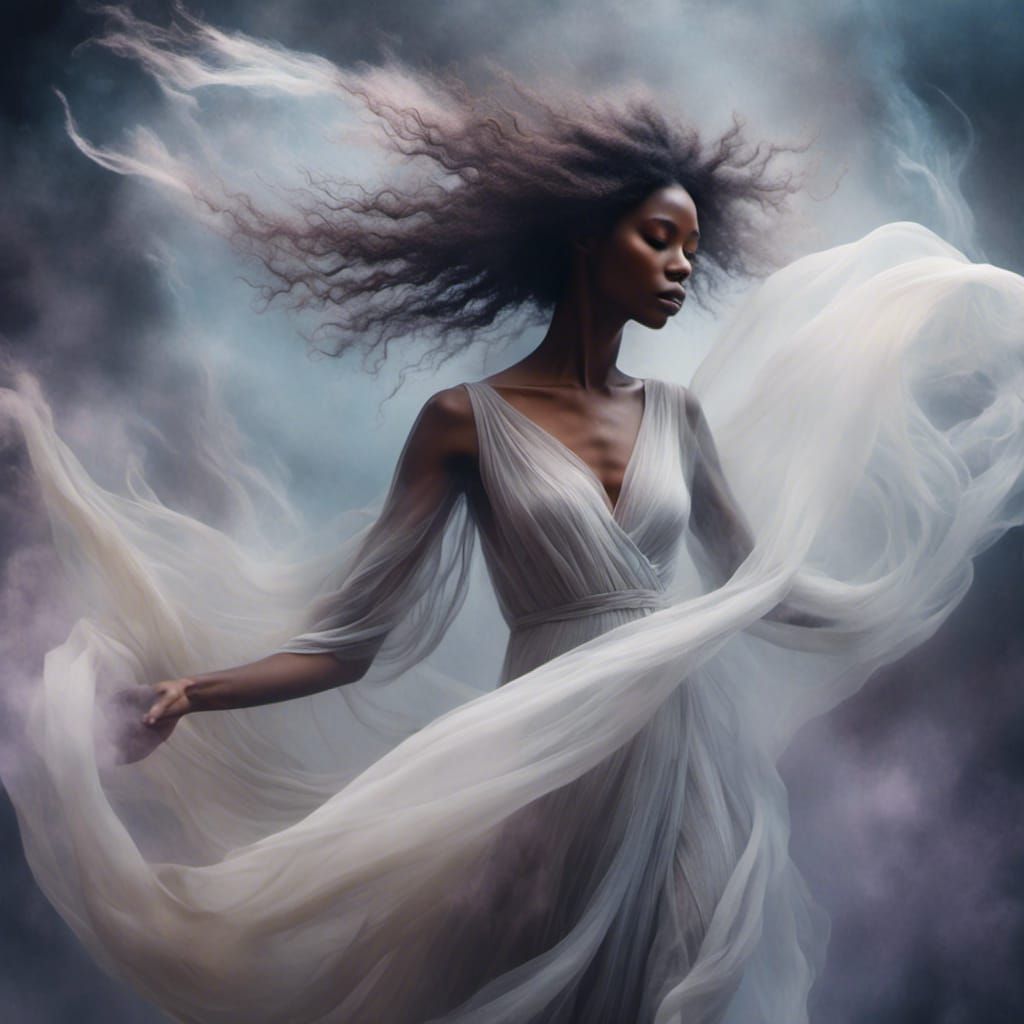 A spectral woman, formed from mist, dances with abandon.
