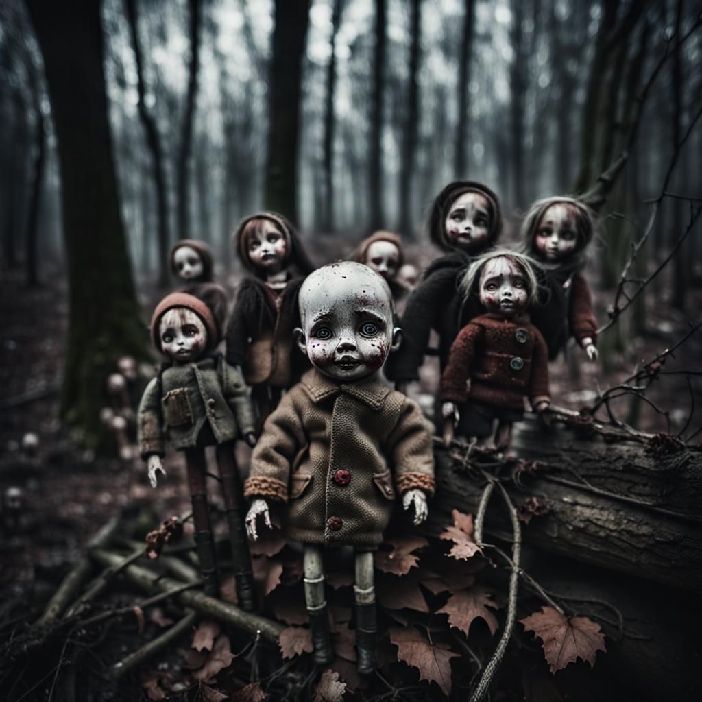 Eerie Abandoned Dolls in a Gloomy Forest