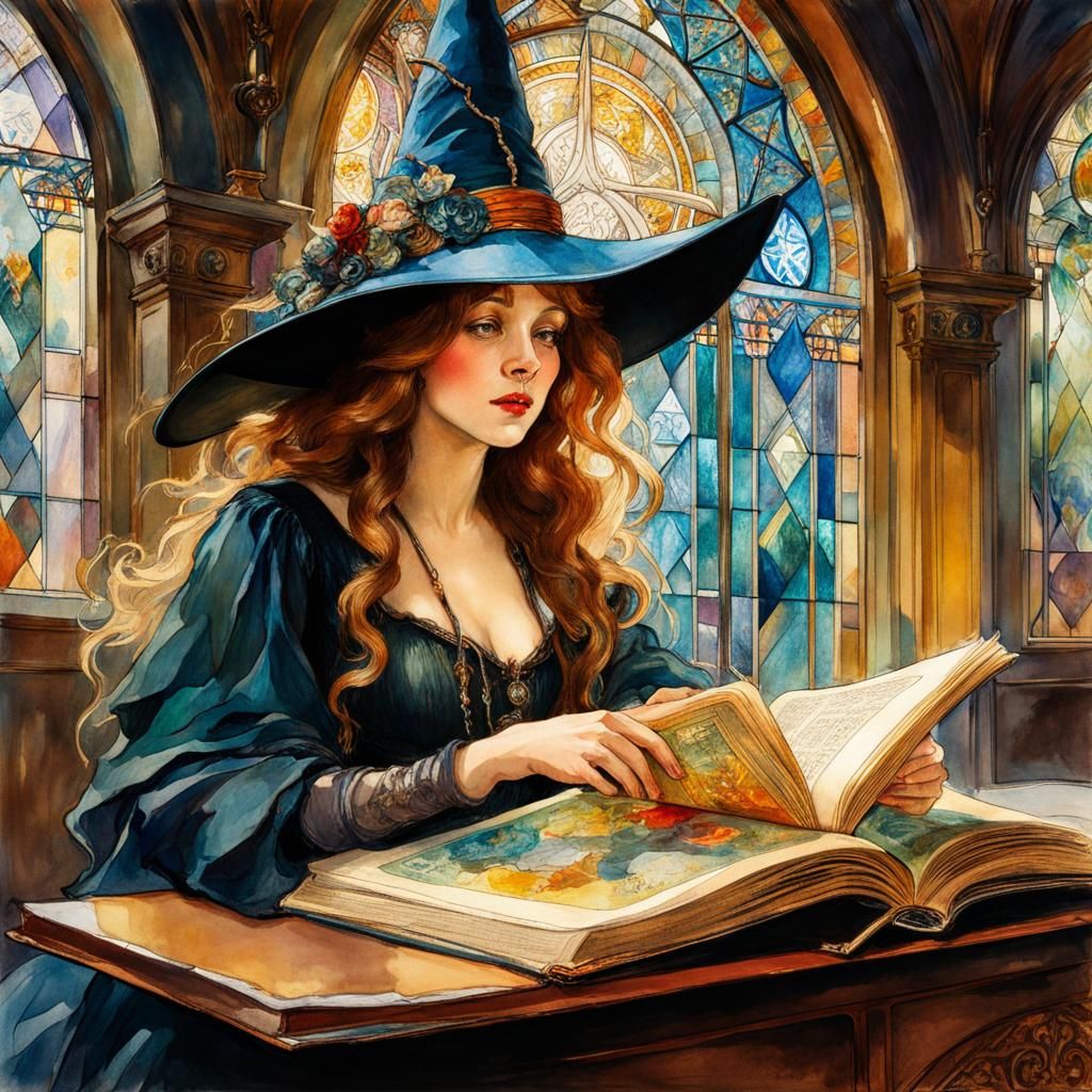 Watercolor Witch Reads in Library with Stained Glass