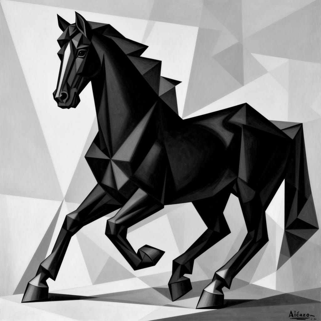 Geometric Black Horse in Cubist Style