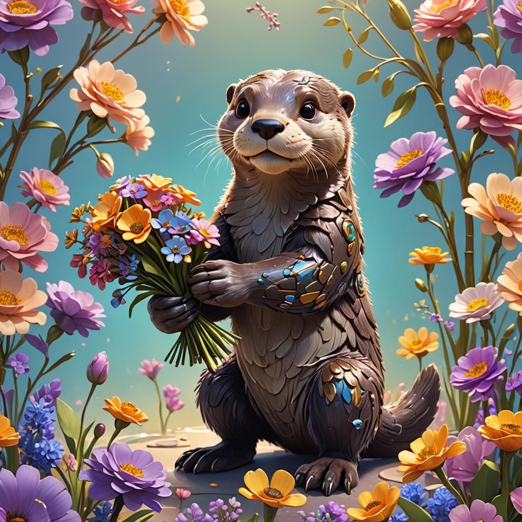 Cyborg Otter with Flowers in Pixar Style