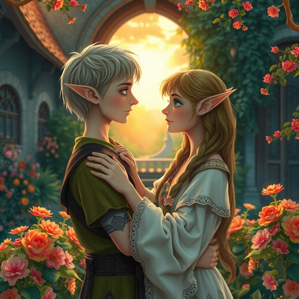 Elven Couple Embrace in Sunlit Flower Garden