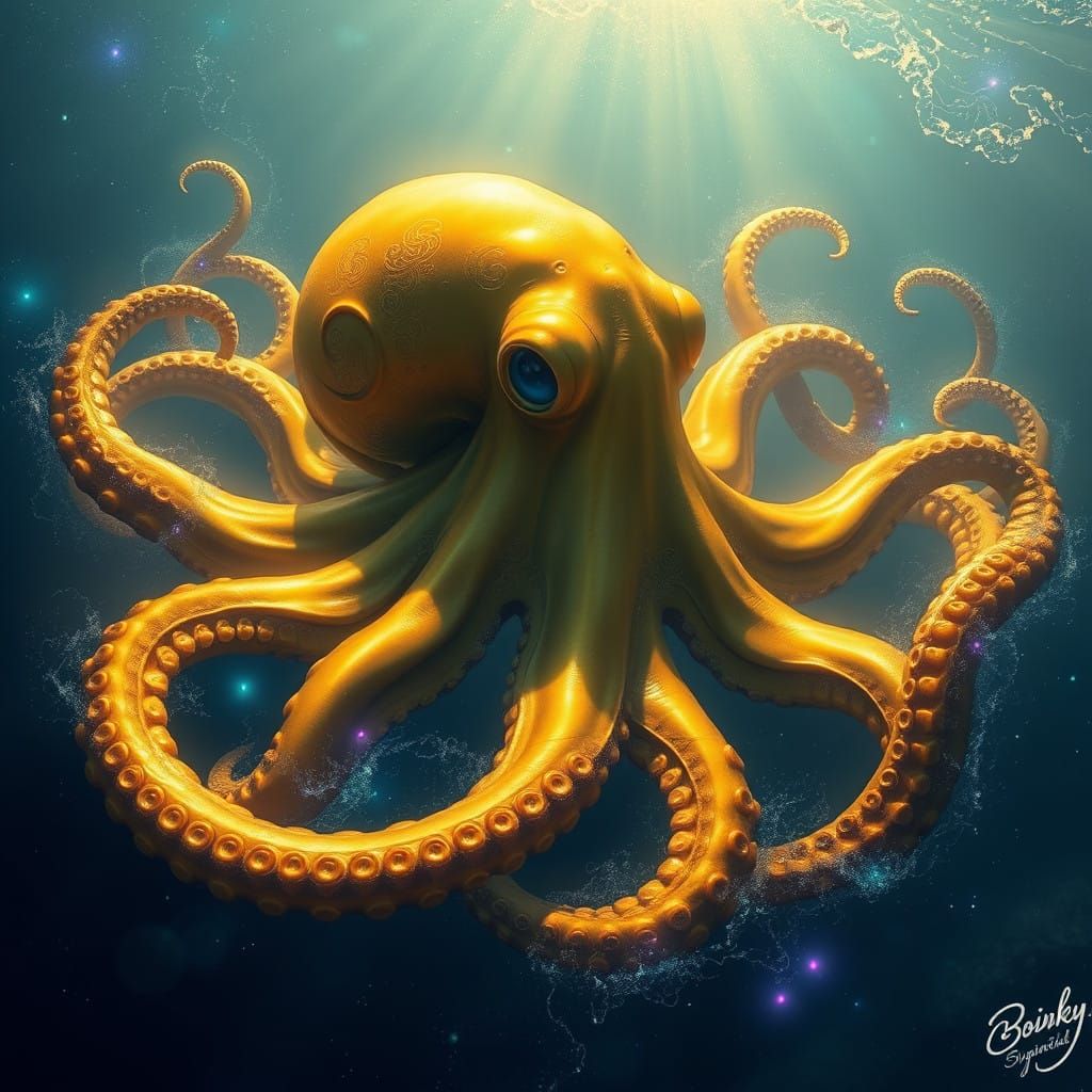 Majestic Golden Octopus Reigns Over Dreamlike Oceanic Realm