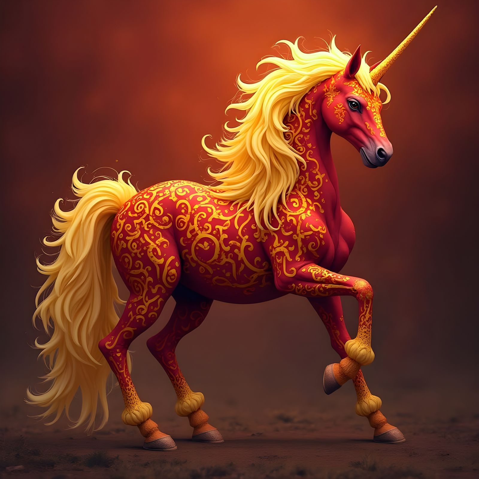 Vibrant Dark Red Unicorn with Yellow Mane