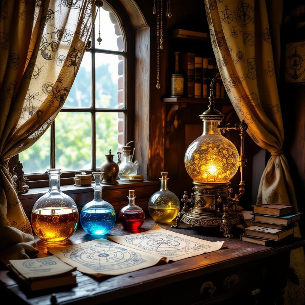 Alchemical Steampunk Laboratory with Glowing Liquids