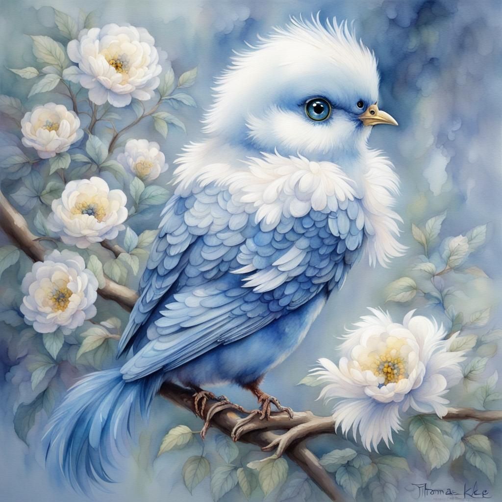 Watercolor Chick Perched on Branch in Fantasy Style