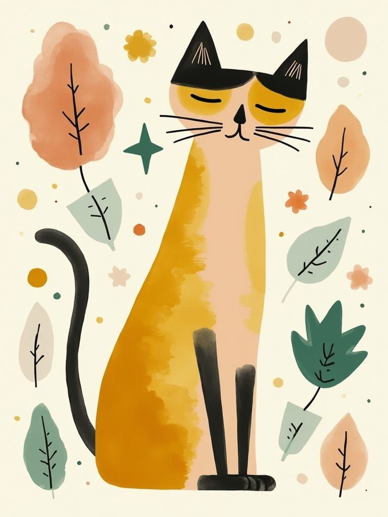 Whimsical Cat Watercolor Art in Mid-Century Style