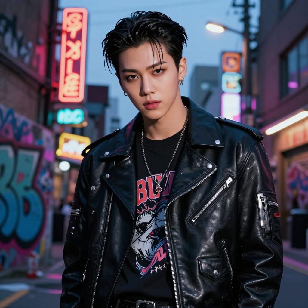 K-Pop Idol in Leather Jacket - Urban Twilight