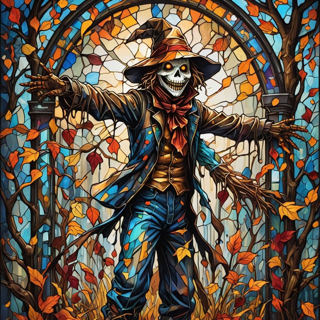 Colorful Stained Glass Scarecrow in Graffiti Art Style