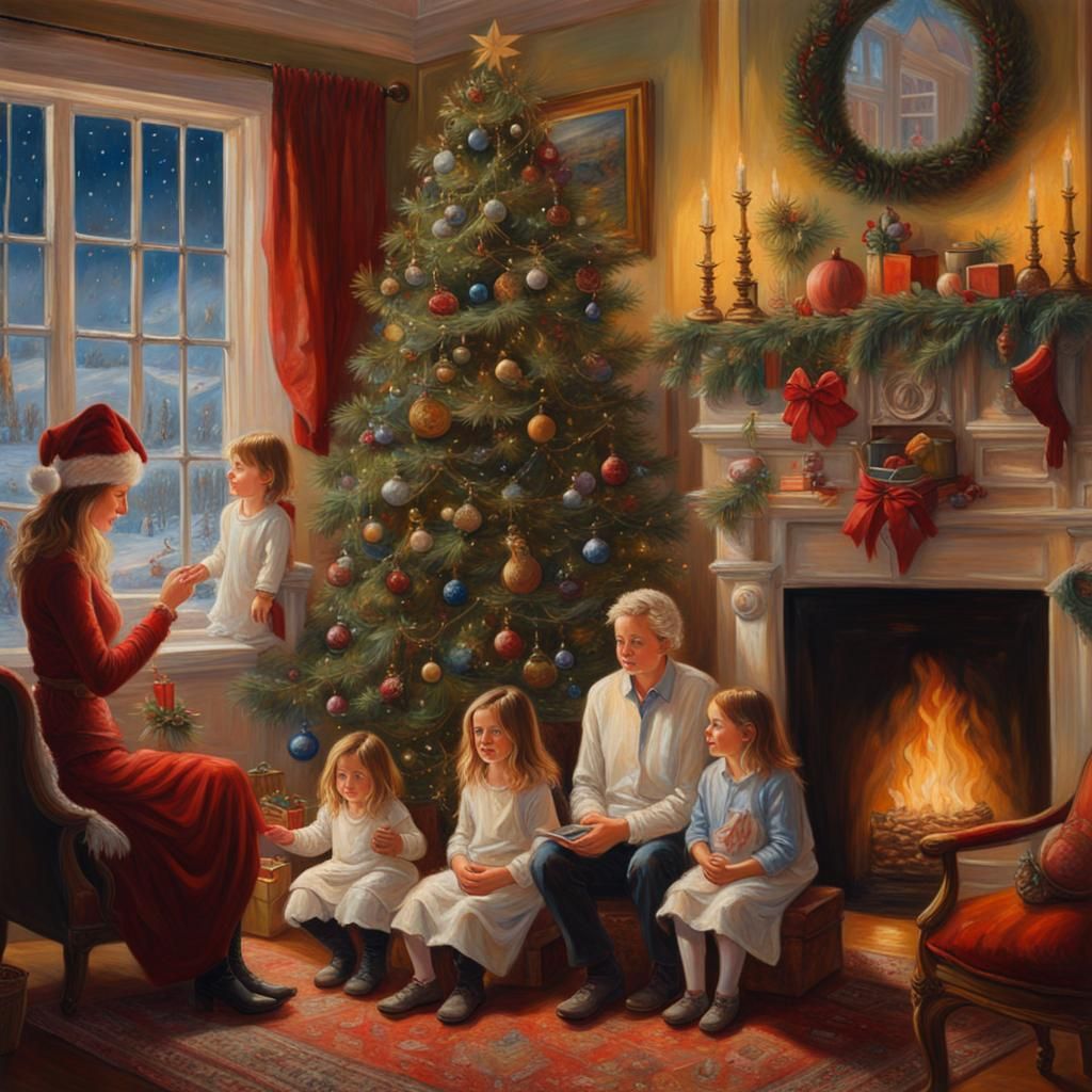 Family in Magical Christmas Home: Oil Painting
