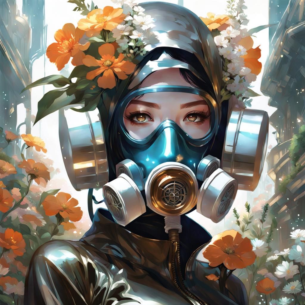 Woman in Gas Mask with Flowers: Fantasy Art