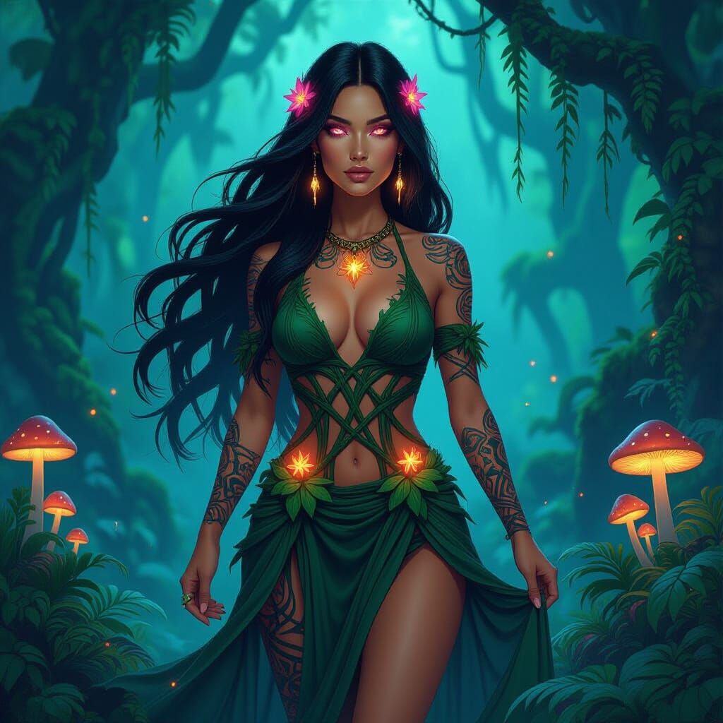 Bioluminescent Forest Woman in Detailed Digital Art Style