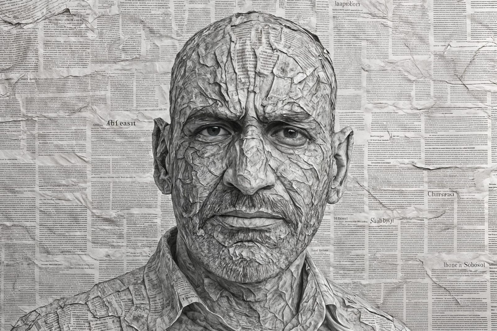 Newspaper Crumple Face: Unique Material Portrait