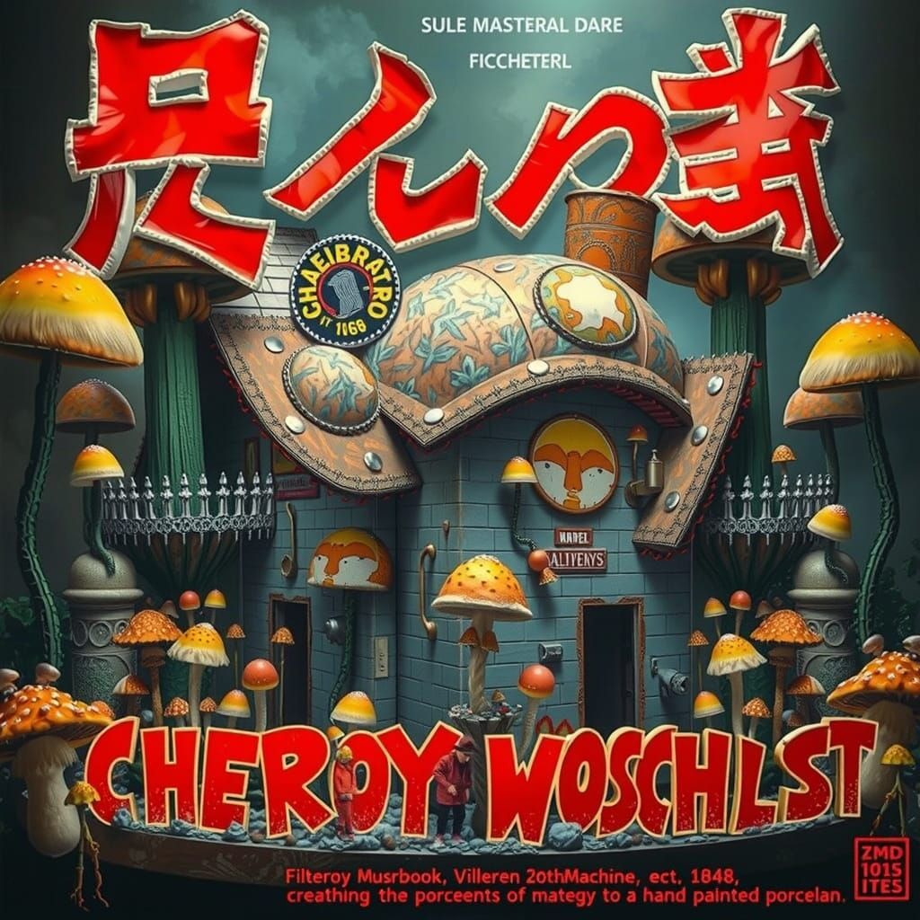 Surreal Hyperreal Scene with Brutalist Cabin and Mushroom Fl...