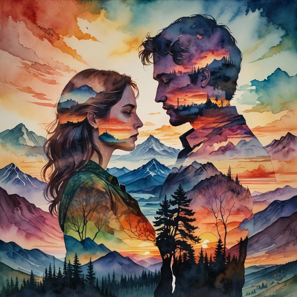 Surreal Lovers Embrace a Mountain Sunset