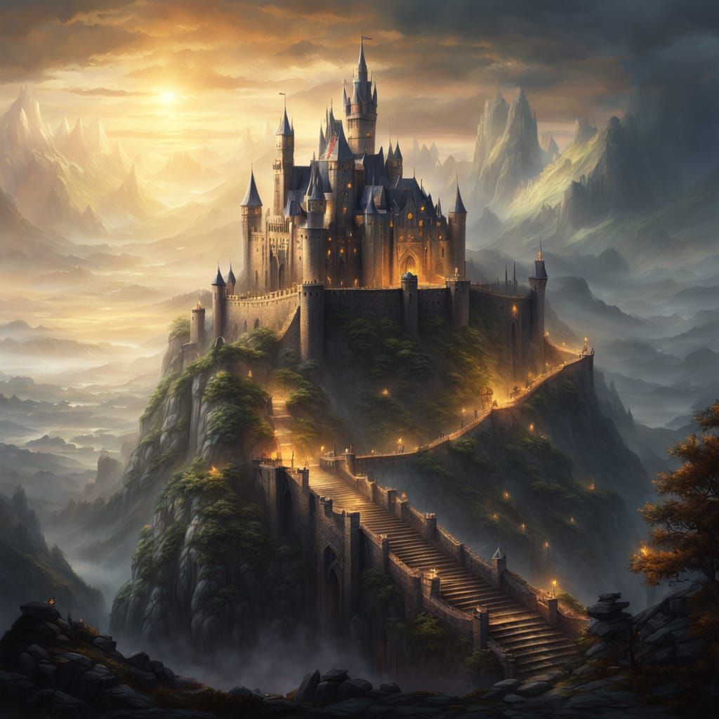 Majestic Castle on Mountain in Oil Painting Style