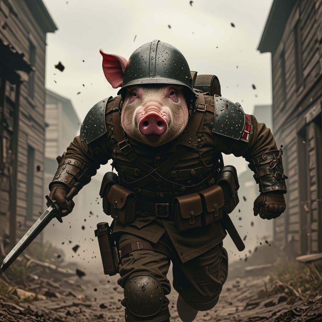 Pig Warrior in Gloomy Battlefield, Matte Painting Style