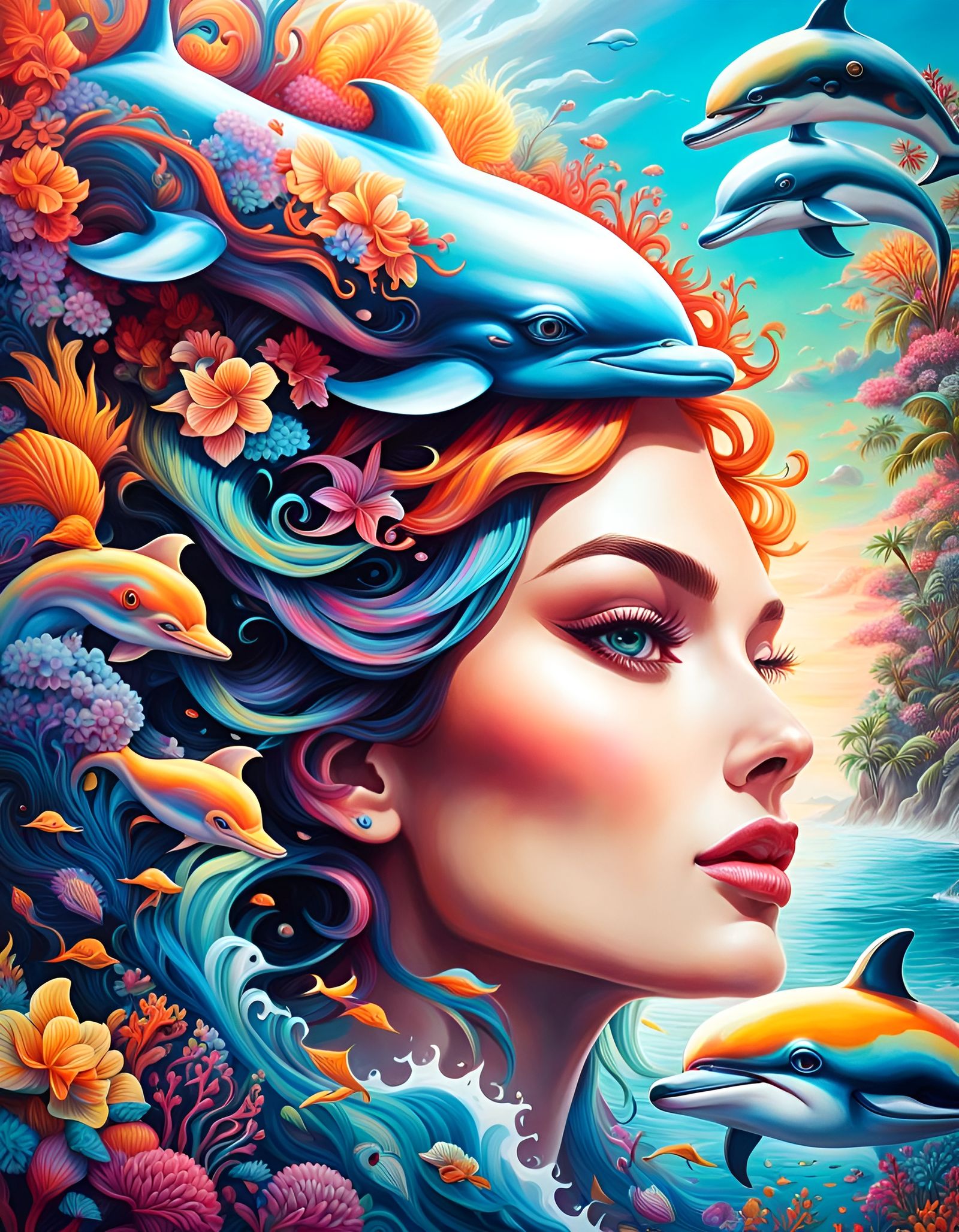 Psychedelic Airbrush Painting of Woman and Dolphin