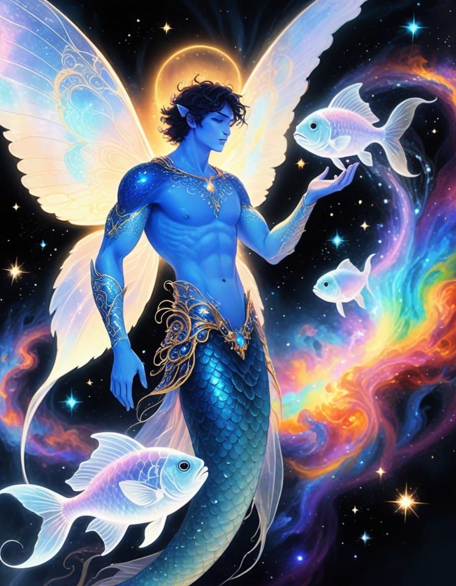 Celestial Merman with Fairy Wings in Cosmic Nebula