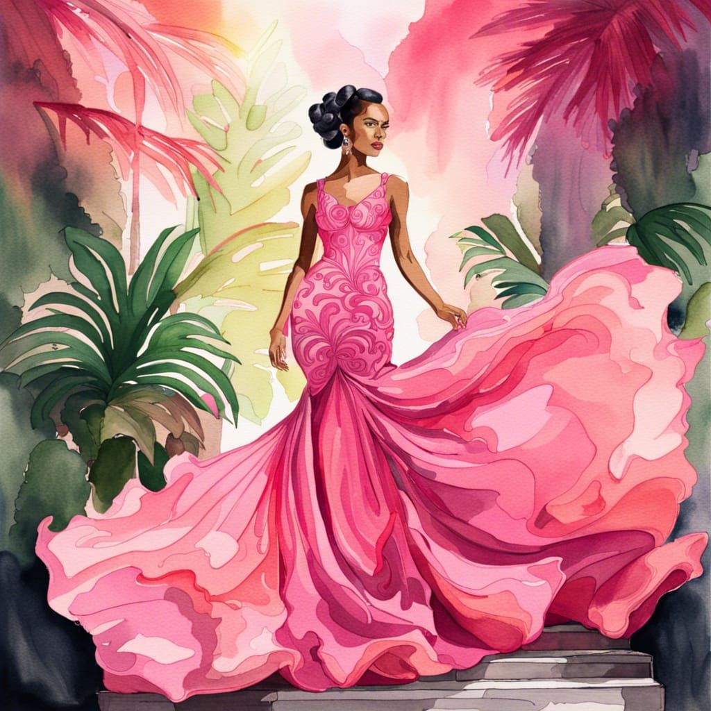 Latina Model in Pink Gown: Watercolor Fashion