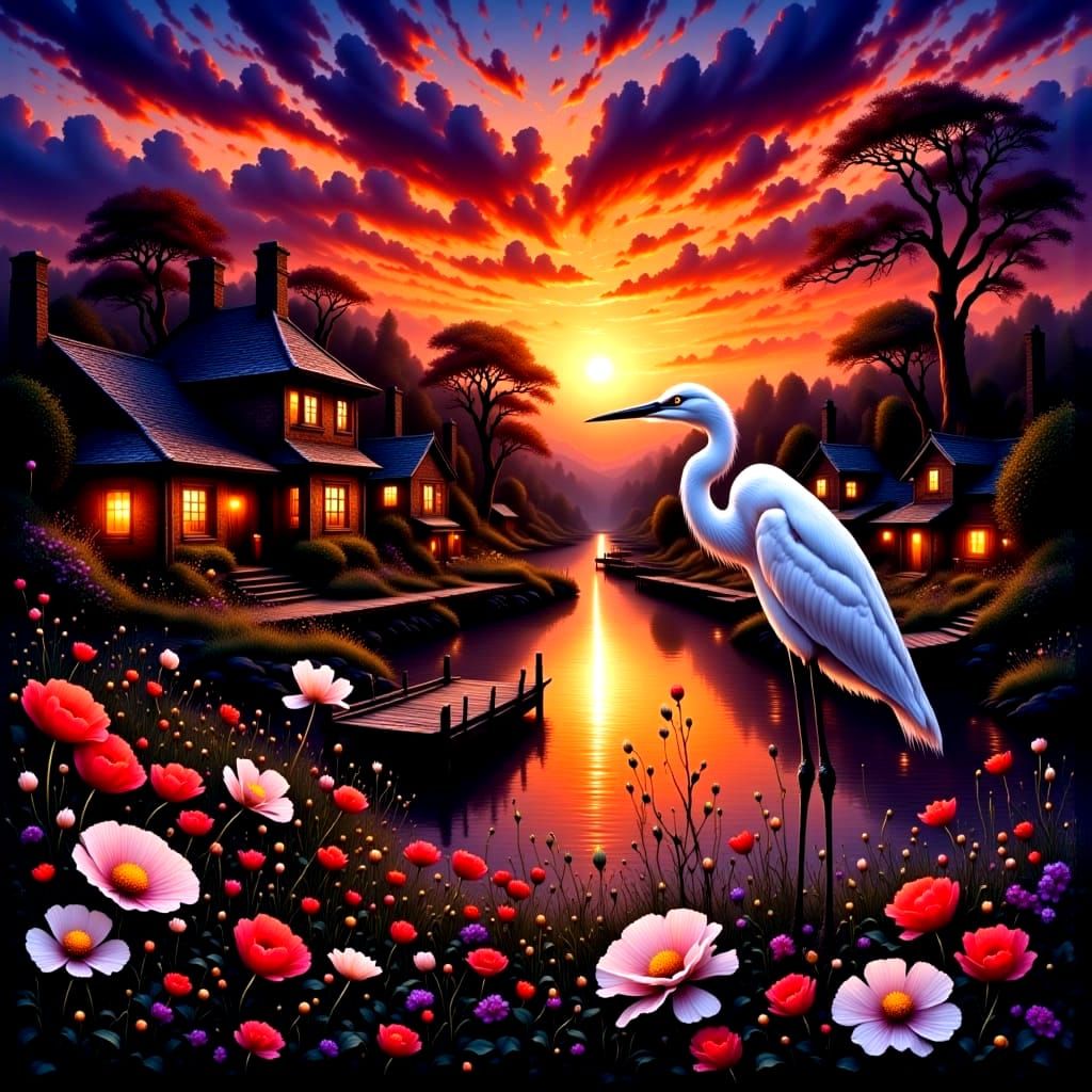 Dramatic Sunset Illuminates a Majestic White Egret in a Goth...
