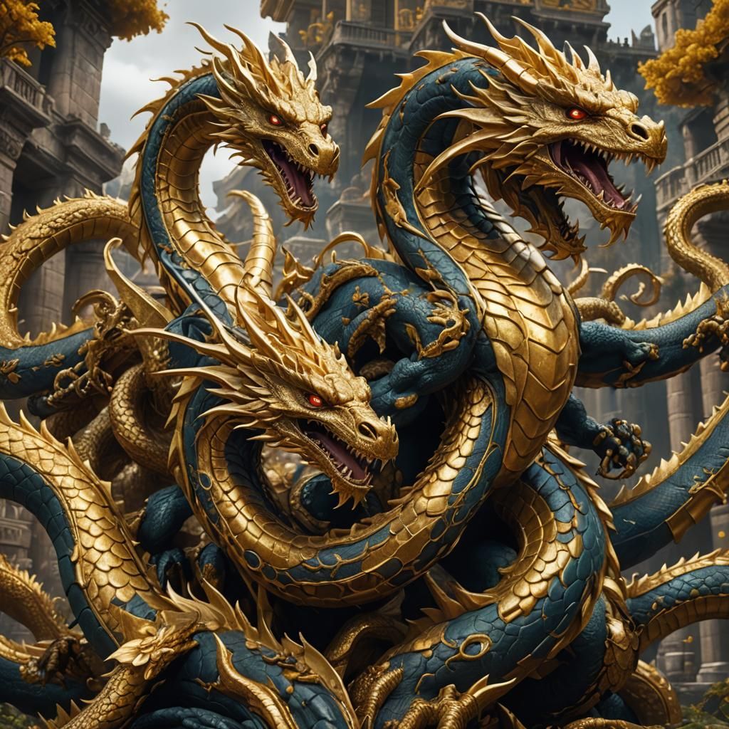 Golden Hydra Dragon in Detailed Fantasy Art
