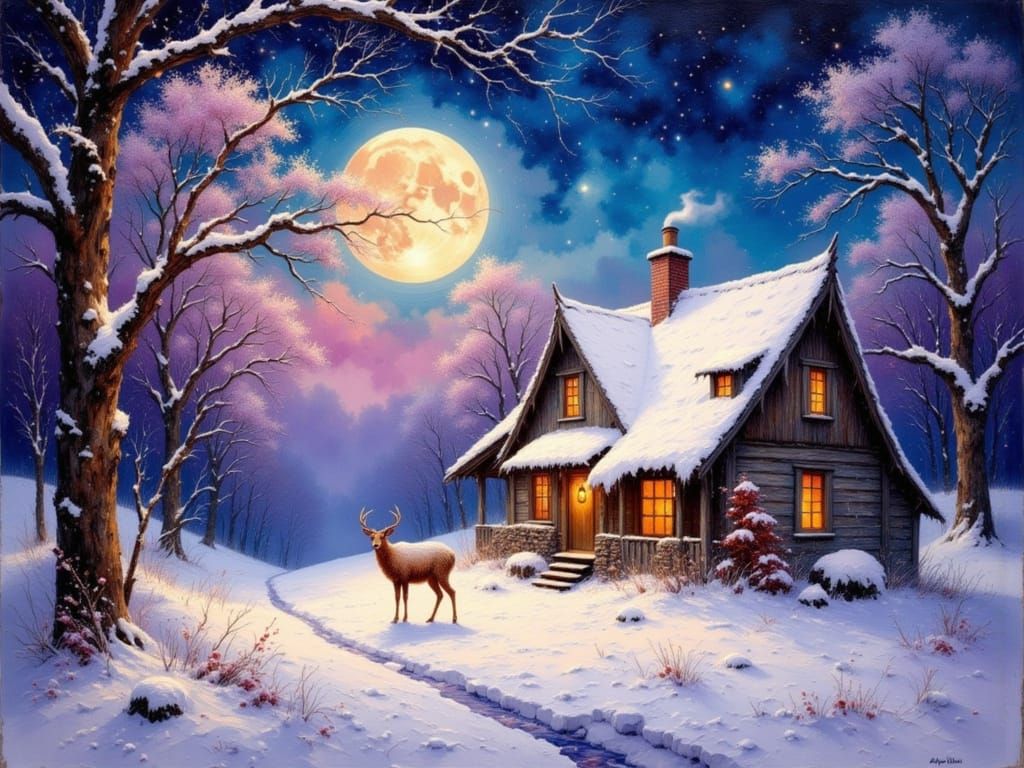 Snowy Winter Night Landscape with Deer and Cottage