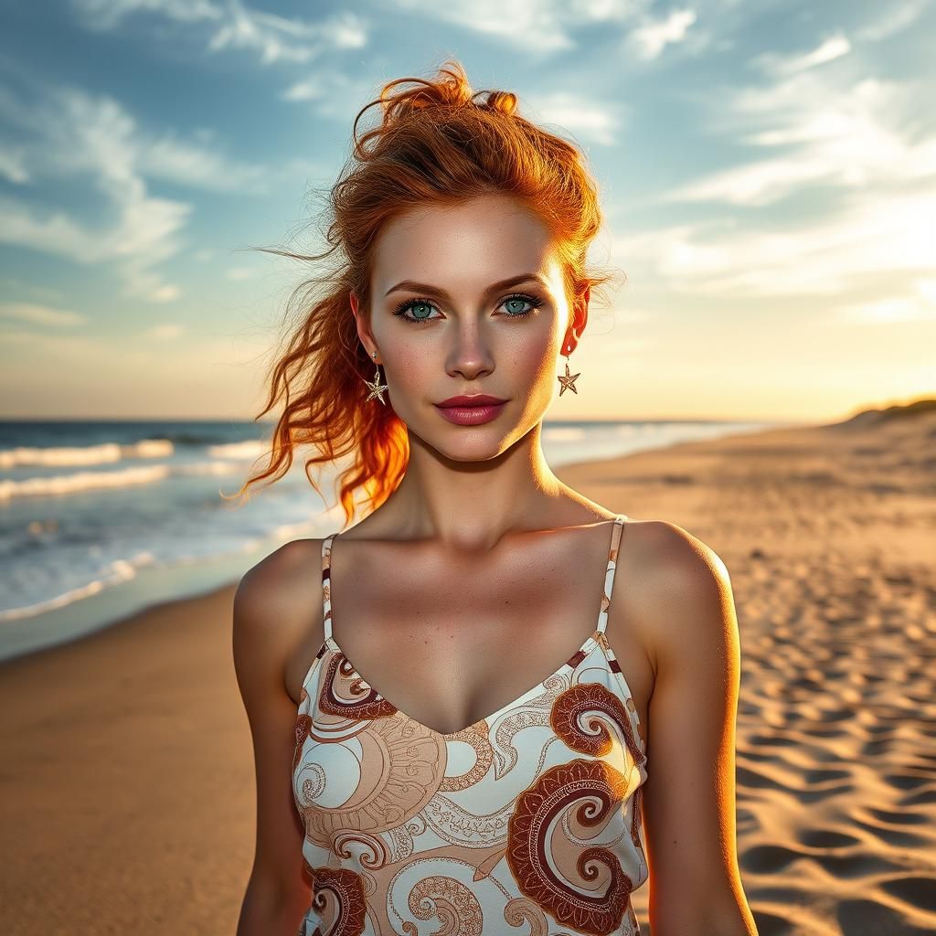 Red-Haired Woman on Sandy Shore in Hyperrealistic Style