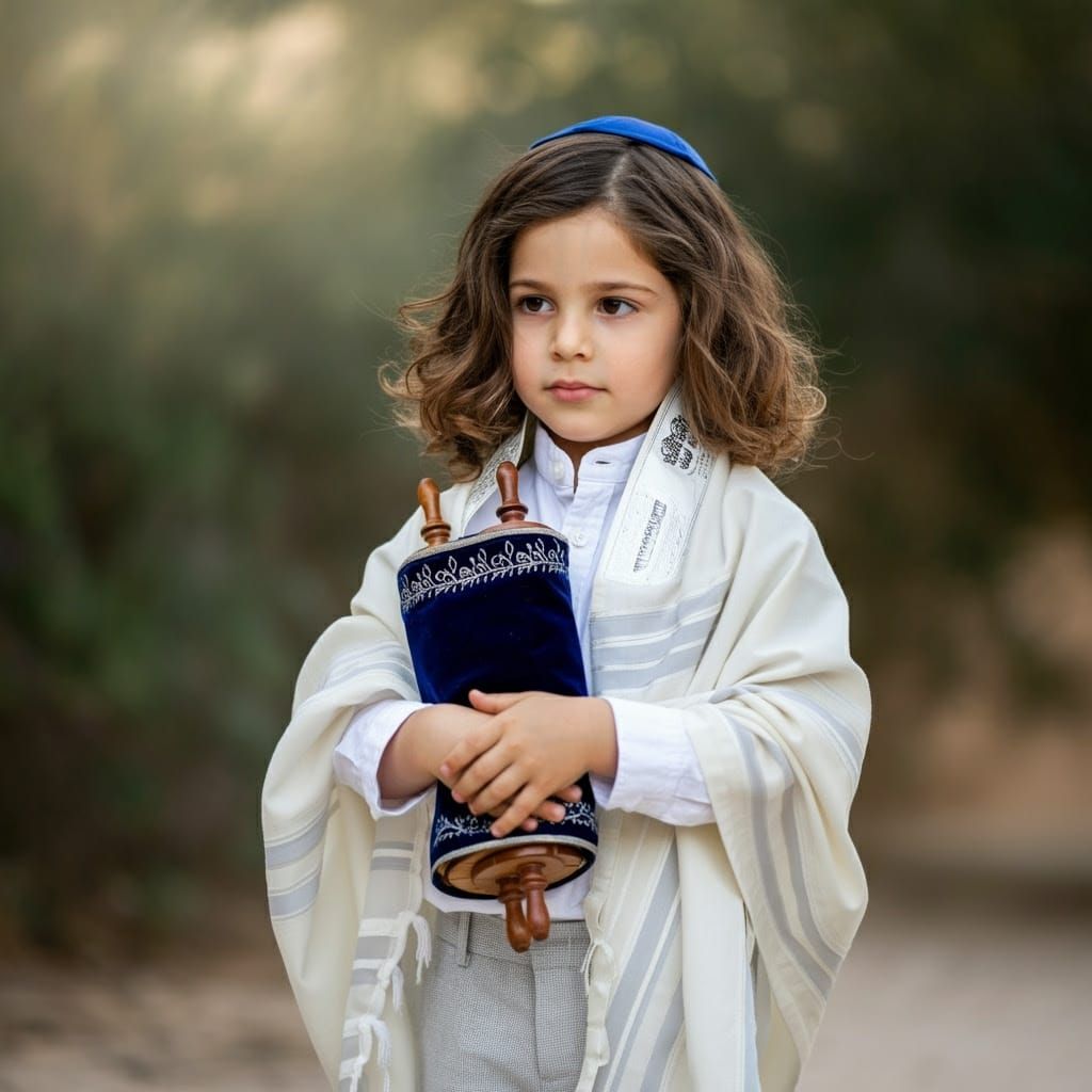 Child with Torah Scroll and Tallit in Soft Light