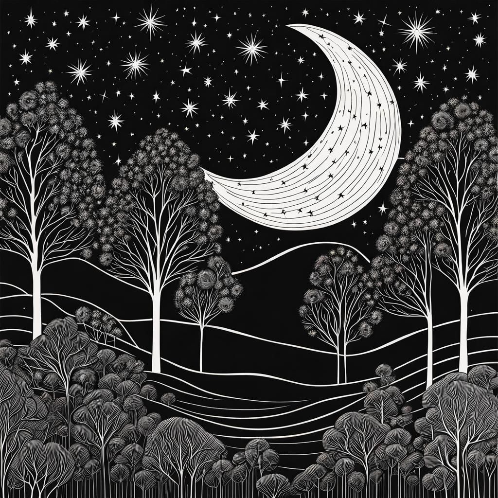 Detailed Starry Night Line Drawing in Monochrome