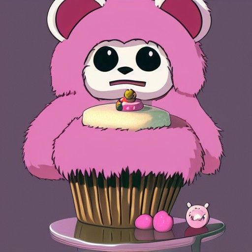 Gloomy Bear Eats Cupcake in Anime Style
