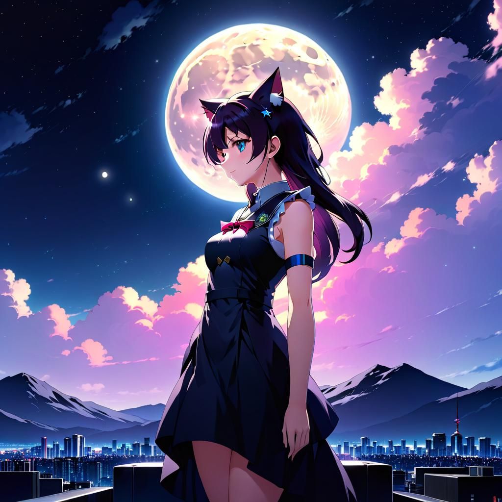 Anime Catgirl on the Moon in Cel-Shaded Style