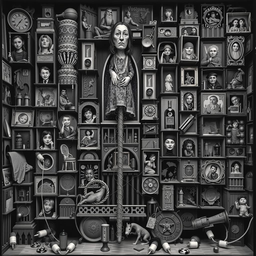 Surreal Night Scene with Moon-Cheek Woman and Demonic Figure