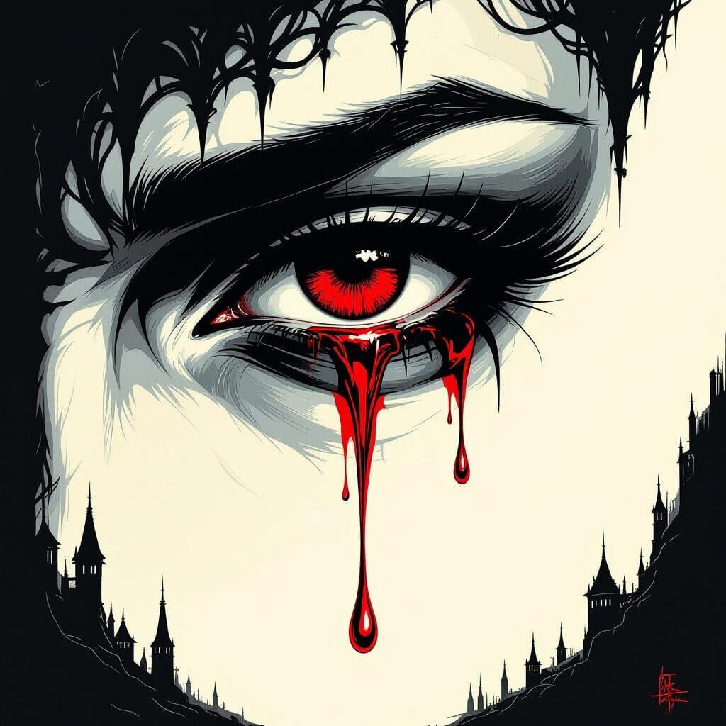Gothic Illustration of Anguished Eye and Red Tear
