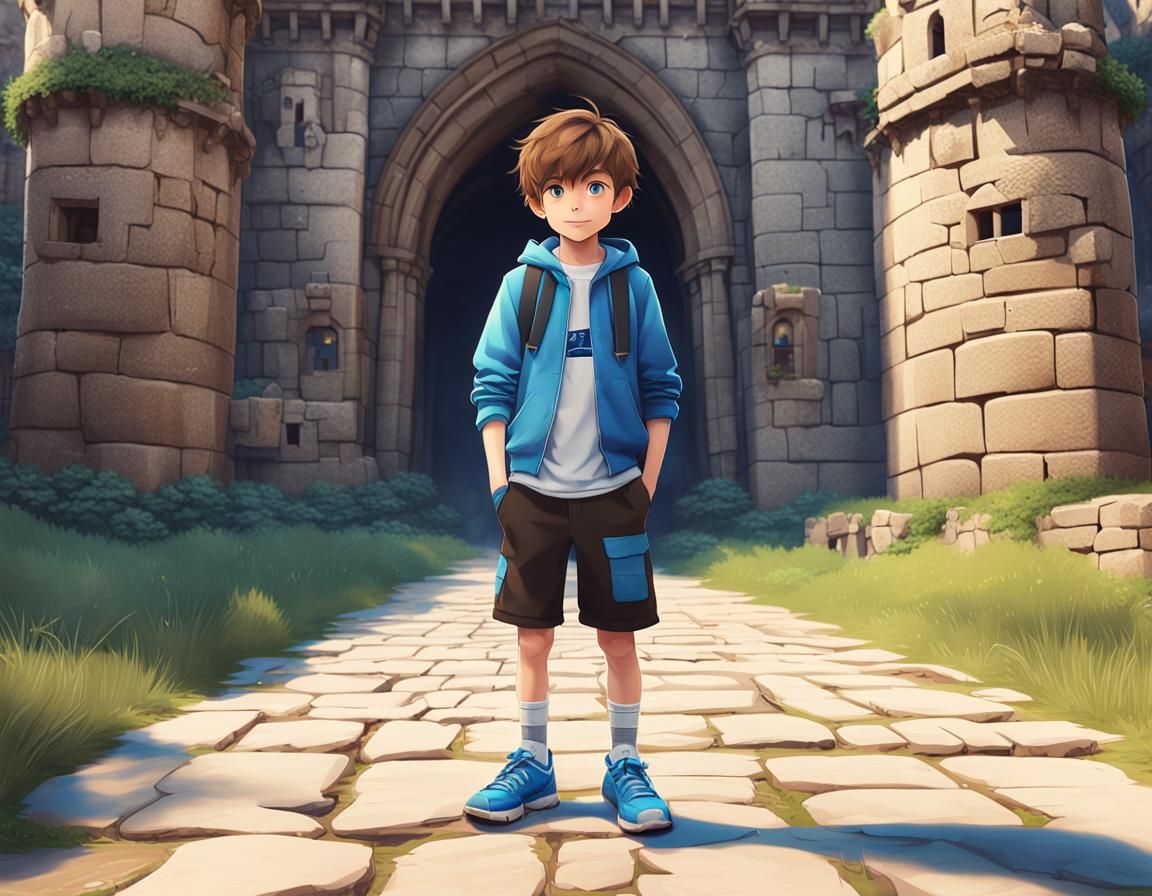 Boy in Urban Pixar Style with Castle