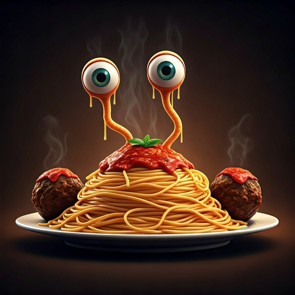 Whimsical Spaghetti Deity Radiates Warmth in Vibrant 3D Styl...