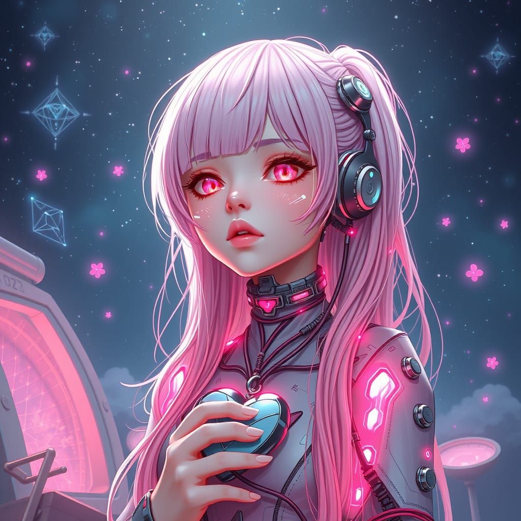 Cybernetic Goddess in Pastel Pink Hues, Glowing Circuitry, a...