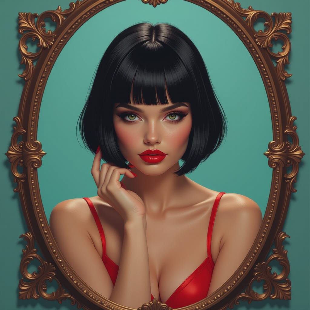 Woman with Short Bob and Red Shoes in Matte Painting Style