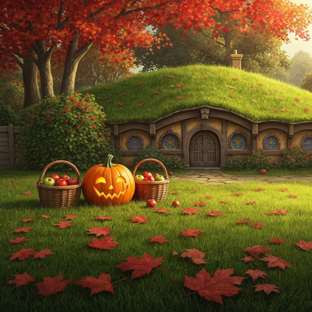Hobbiton Autumn Scene with Pumpkins and Apples