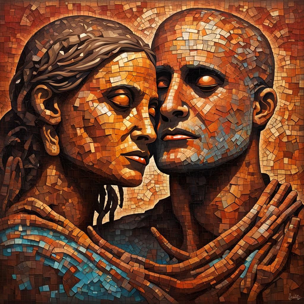 Ancient Pompeii Mosaic Love Scene in Graffiti Art Style
