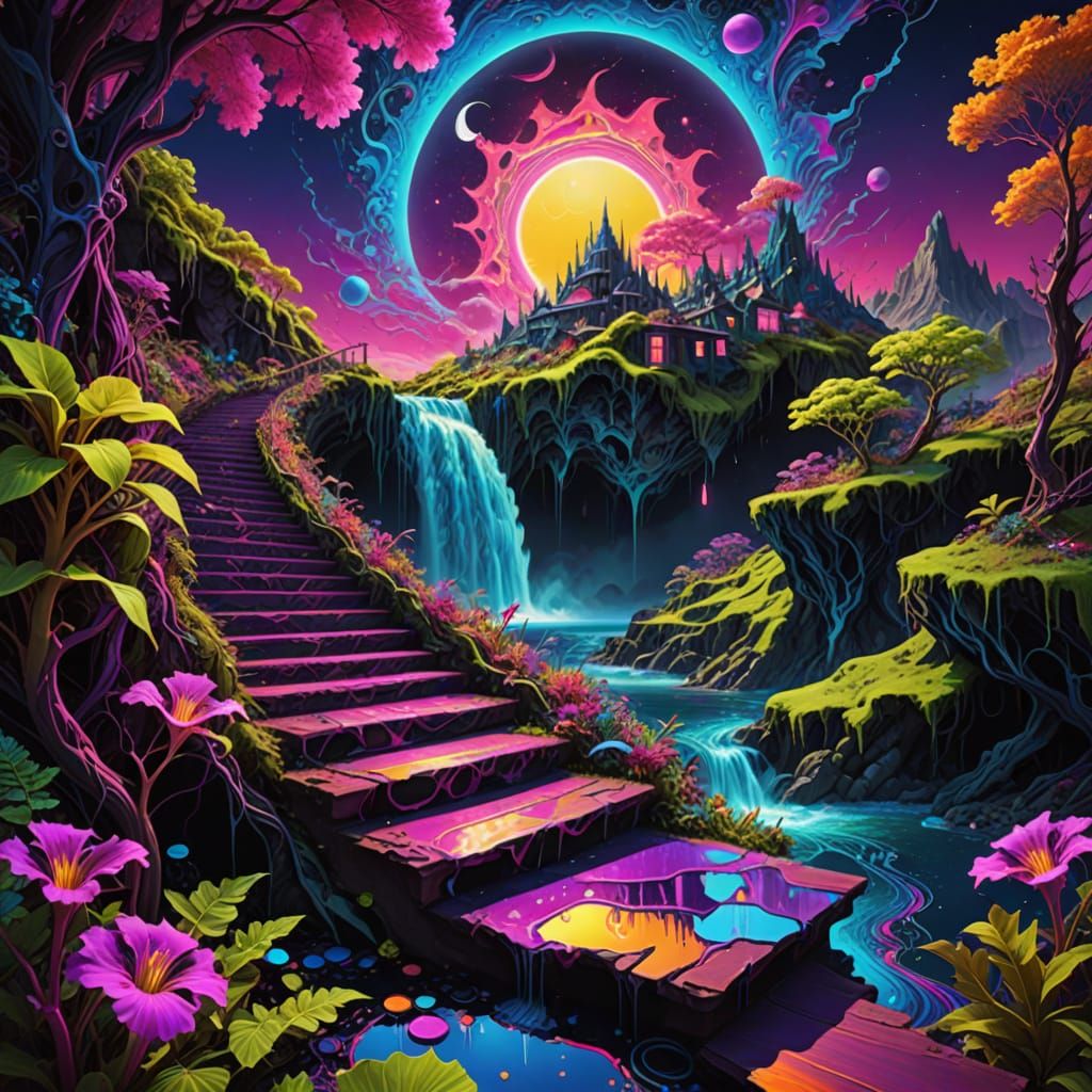 Fractalpunk Dreamscape with Melting Moon and Bioluminescent ...