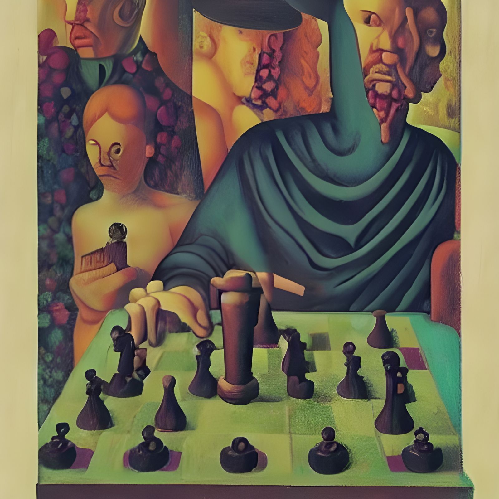 Surreal Chess Game in Macabre Gothic Courtyard