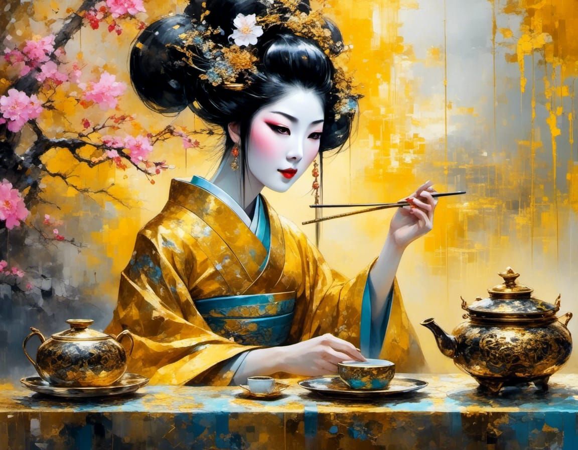 Elegant Geisha Tea Ceremony in Soft Lighting