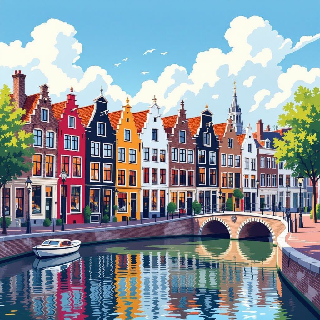 Colorful Dutch Houses Along Bruges Canal Illustration