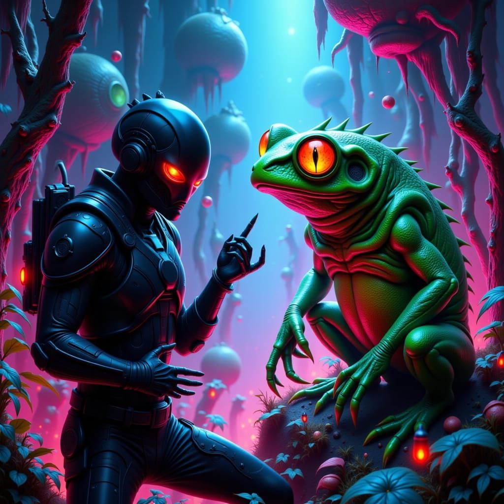 Alien Frog Confronts Space Trooper on Exotic Planet