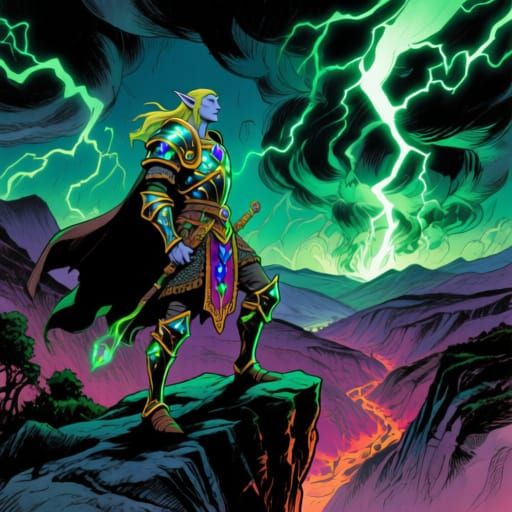 Elf Warrior in Stormy Valley, Fantasy Comic Art Style