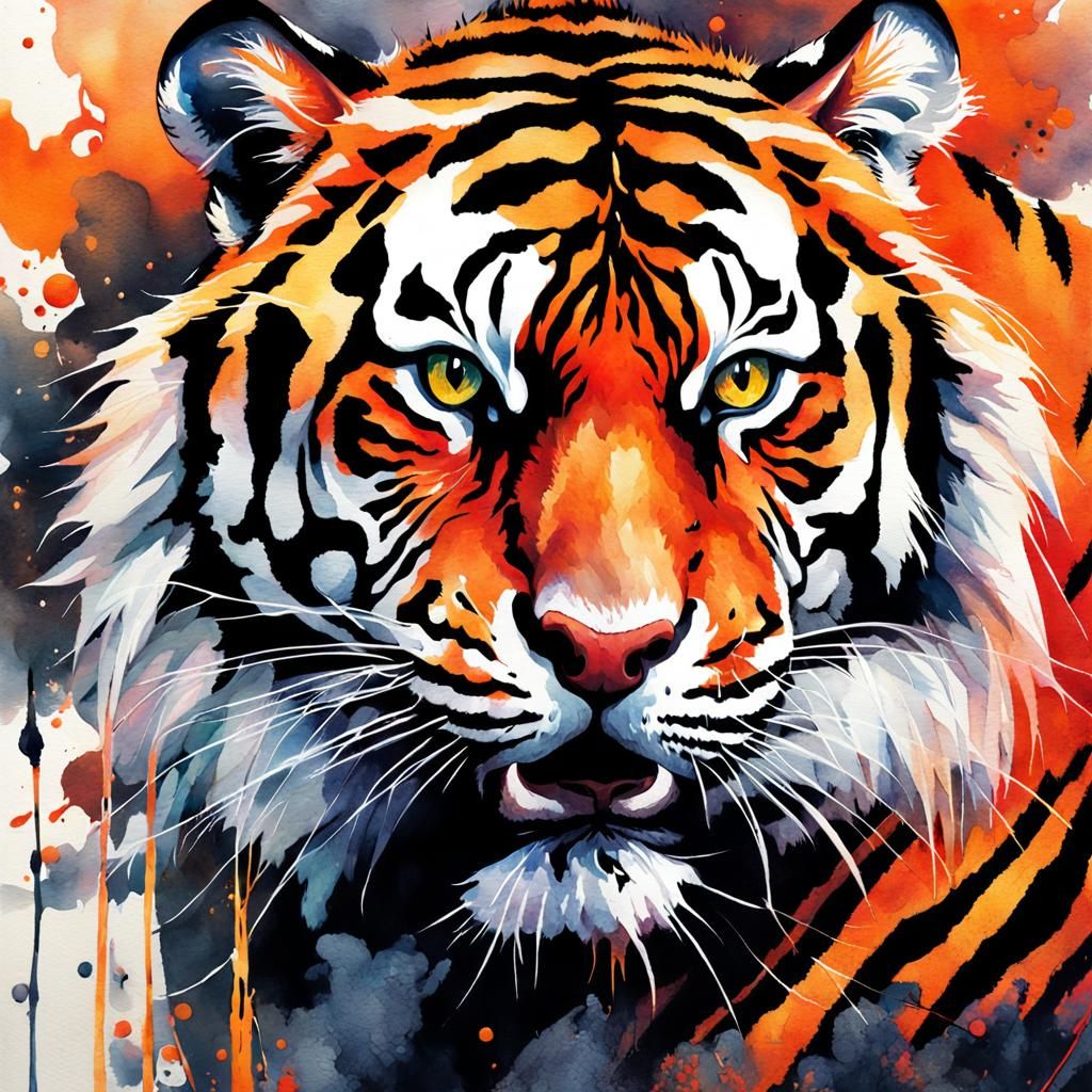 Fierce Tiger Close Up in Watercolour Style
