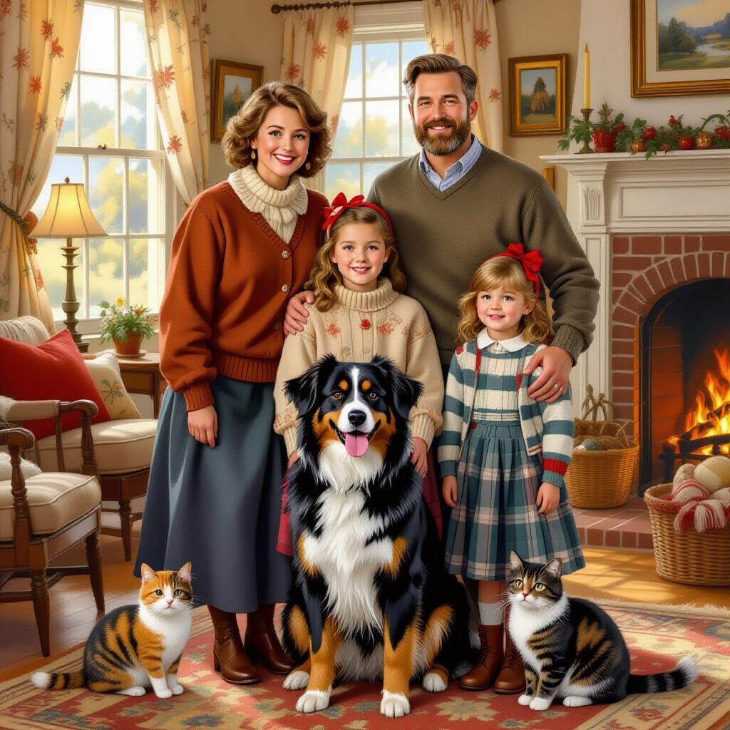 Family Portrait with Dog and Cat in Rockwell Style