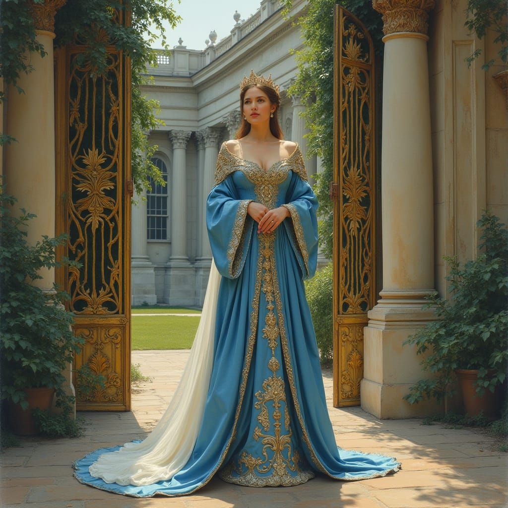 Majestic Queen in Blue and White Robe at Palace Gates
