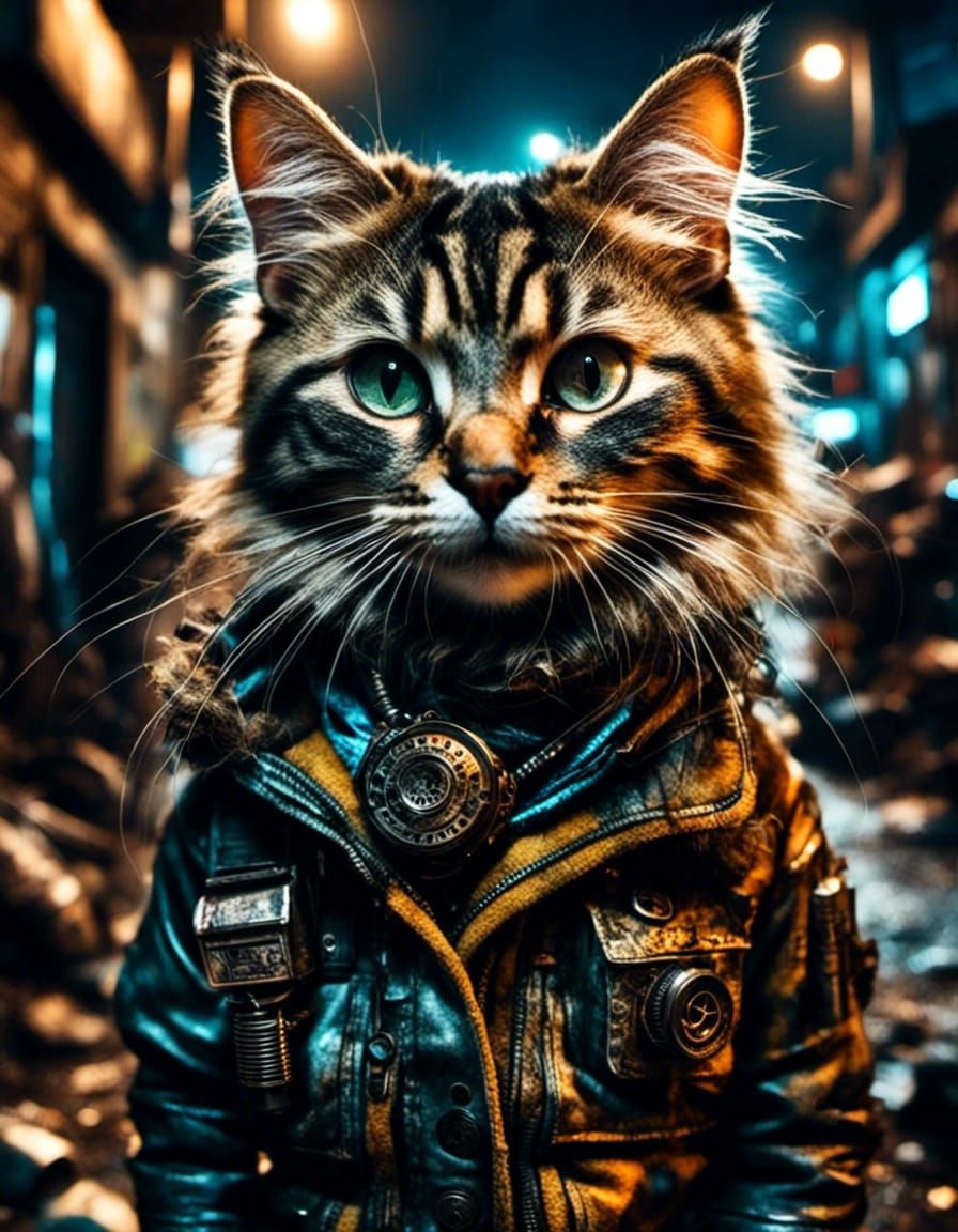 Trashpunk Kitty Cat in Slums at Night